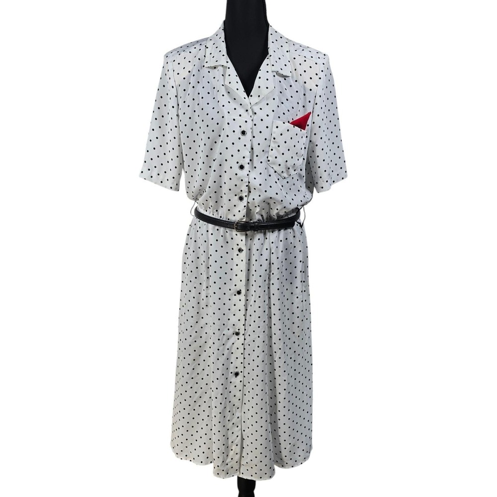 Vintage VLP Petites Polka Dot Dress White Black Belted ILGWU Made in USA Size 14